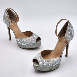 Thalia Sodi Chace Rhinestone Bling Peep Toe Platform Heels Glam Prom Size 8.5